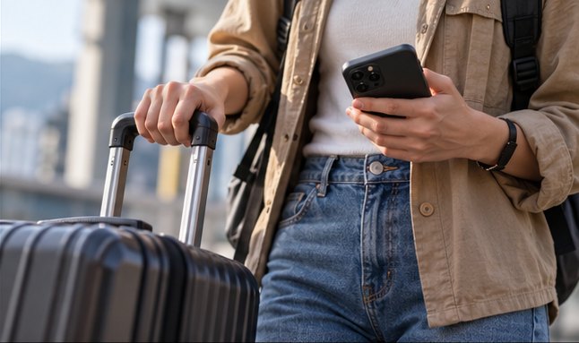 Traveler with suitcase and phone