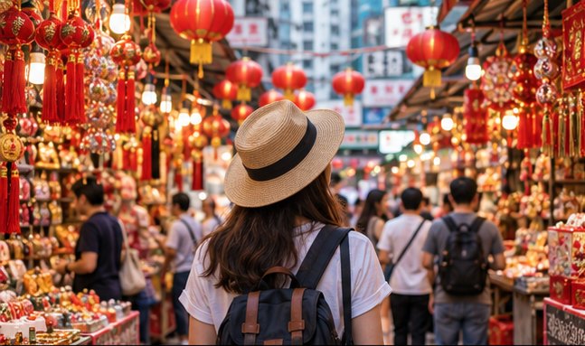 Traveler exploring a Hong Kong market