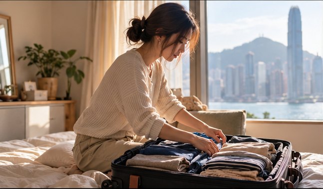 Traveler packing a suitcase