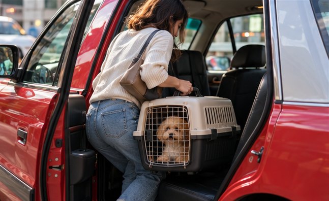 Traveler with a pet carrier in a taxi