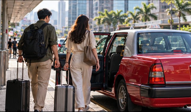 Travelers approaching a Hong Kong taxi